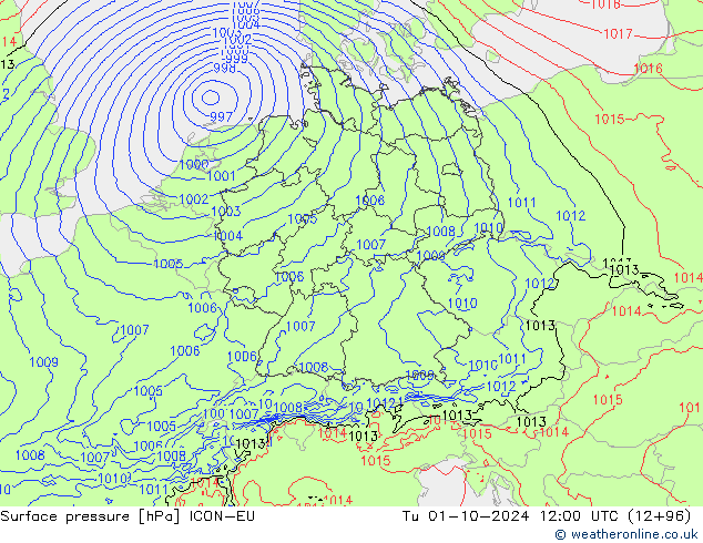 Luchtdruk (Grond) ICON-EU di 01.10.2024 12 UTC