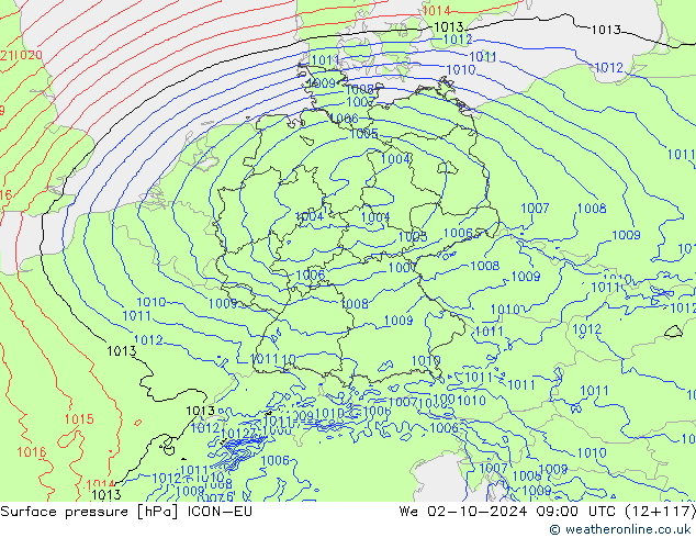 Luchtdruk (Grond) ICON-EU wo 02.10.2024 09 UTC