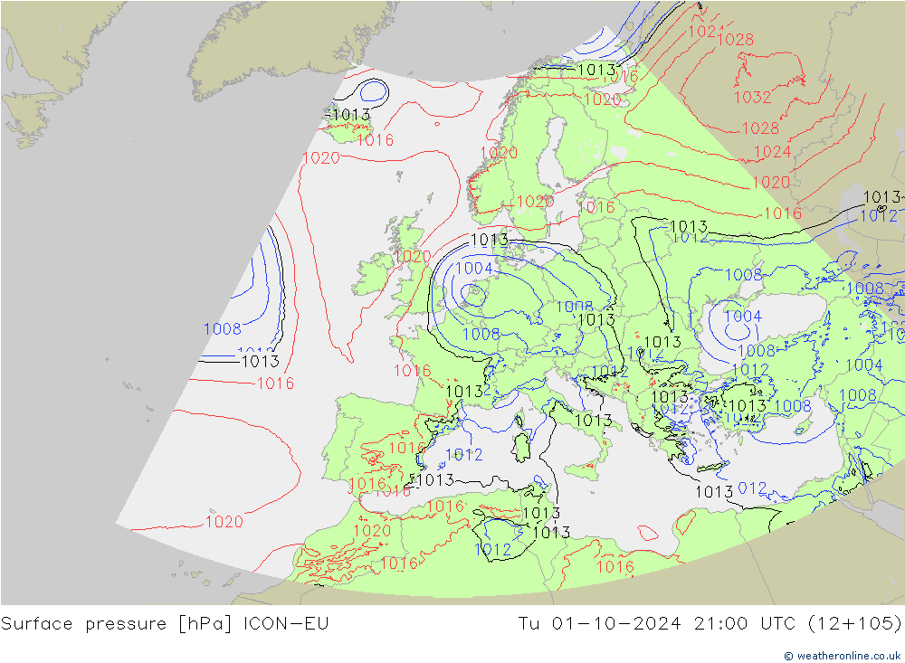 Luchtdruk (Grond) ICON-EU di 01.10.2024 21 UTC