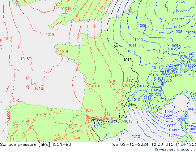 Luchtdruk (Grond) ICON-EU wo 02.10.2024 12 UTC