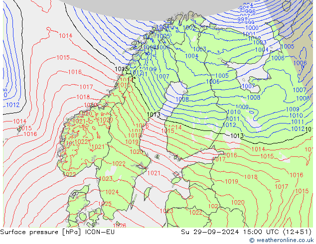 Luchtdruk (Grond) ICON-EU zo 29.09.2024 15 UTC