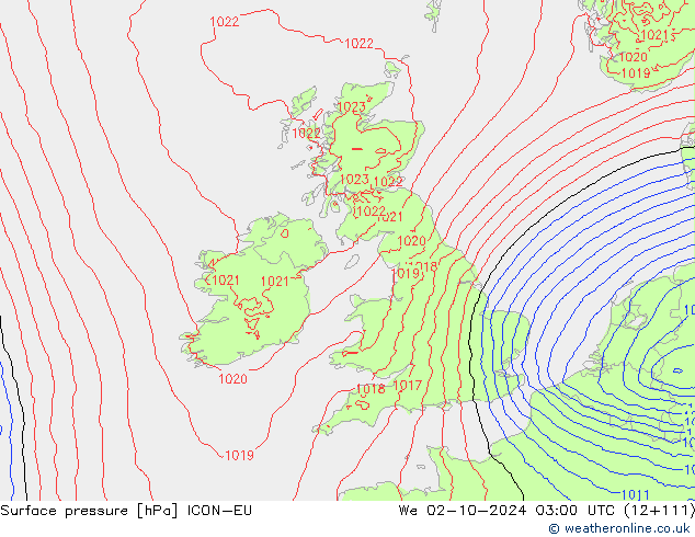 Luchtdruk (Grond) ICON-EU wo 02.10.2024 03 UTC