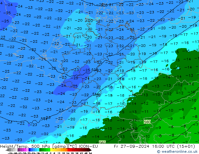 Hoogte/Temp. 500 hPa ICON-EU vr 27.09.2024 16 UTC