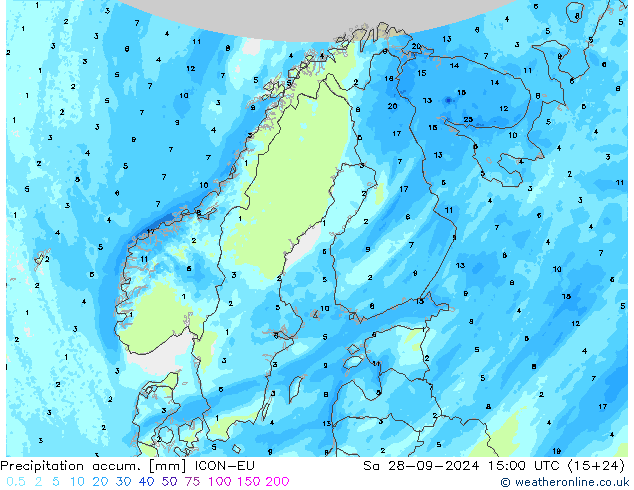 Precipitation accum. ICON-EU 星期六 28.09.2024 15 UTC