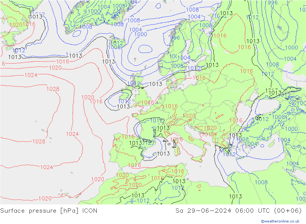 地面气压 ICON 星期六 29.06.2024 06 UTC