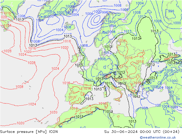 地面气压 ICON 星期日 30.06.2024 00 UTC