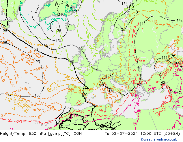 Height/Temp. 850 hPa ICON 星期二 02.07.2024 12 UTC