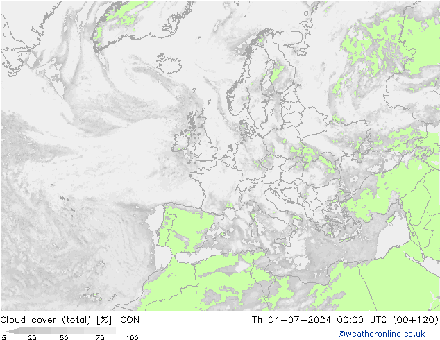 Bewolking (Totaal) ICON do 04.07.2024 00 UTC