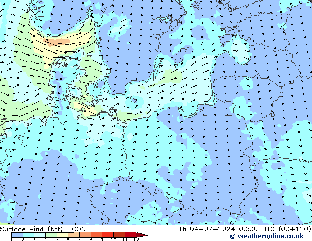 Wind 10 m (bft) ICON do 04.07.2024 00 UTC