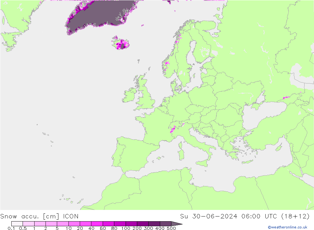 Snow accu. ICON 星期日 30.06.2024 06 UTC