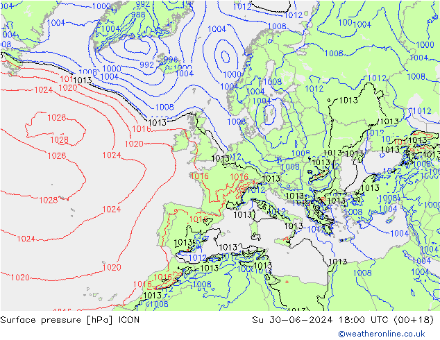 Luchtdruk (Grond) ICON zo 30.06.2024 18 UTC