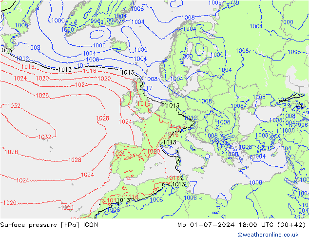 地面气压 ICON 星期一 01.07.2024 18 UTC
