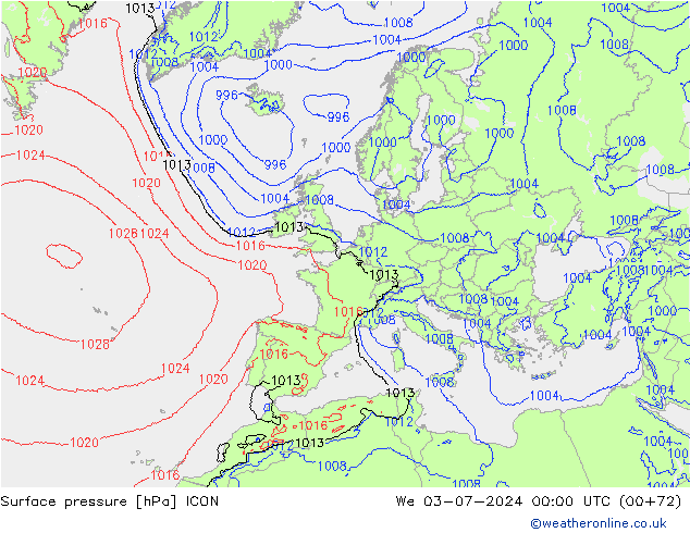 地面气压 ICON 星期三 03.07.2024 00 UTC