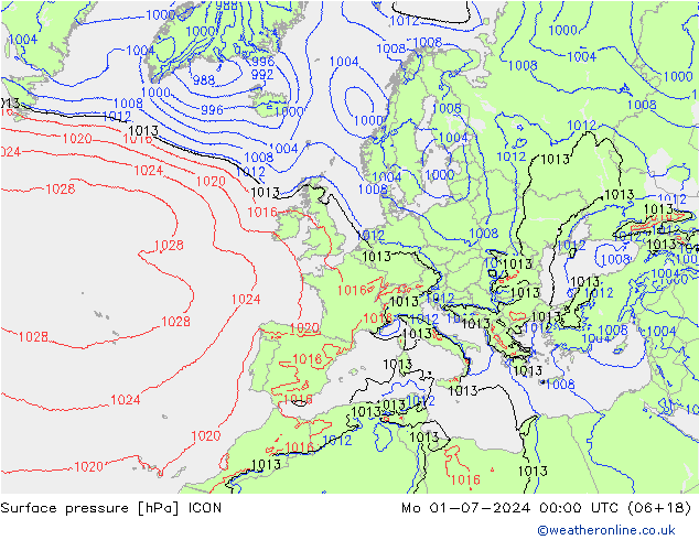 地面气压 ICON 星期一 01.07.2024 00 UTC
