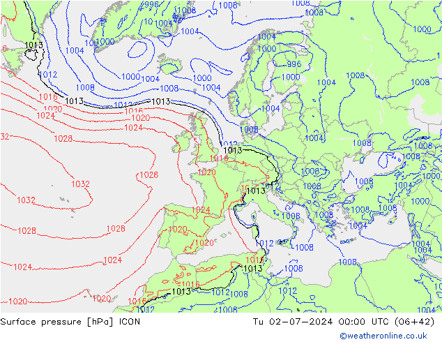 地面气压 ICON 星期二 02.07.2024 00 UTC