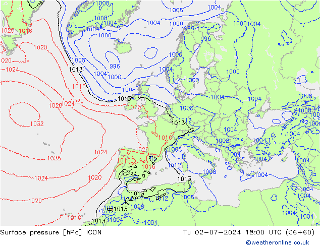 Luchtdruk (Grond) ICON di 02.07.2024 18 UTC