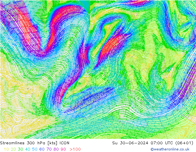 风 300 hPa ICON 星期日 30.06.2024 07 UTC