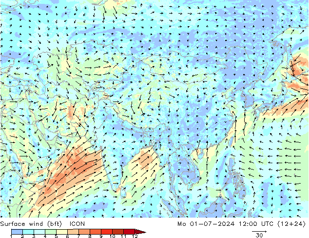 Wind 10 m (bft) ICON ma 01.07.2024 12 UTC