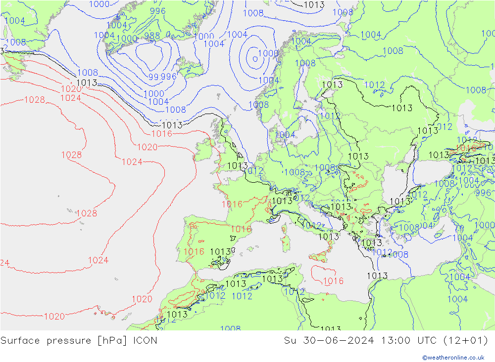 地面气压 ICON 星期日 30.06.2024 13 UTC