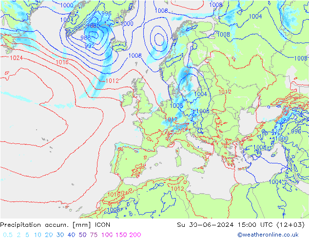 Totale neerslag ICON zo 30.06.2024 15 UTC
