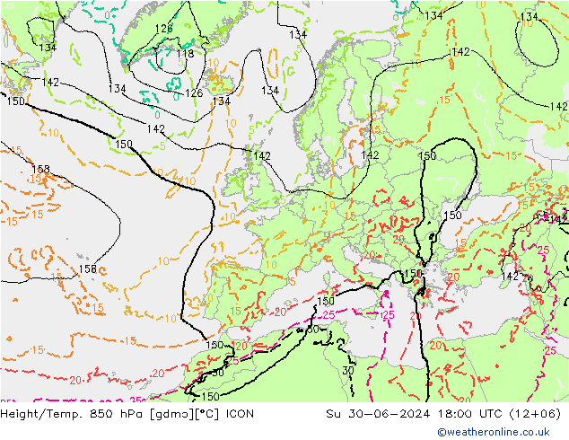 Hoogte/Temp. 850 hPa ICON zo 30.06.2024 18 UTC