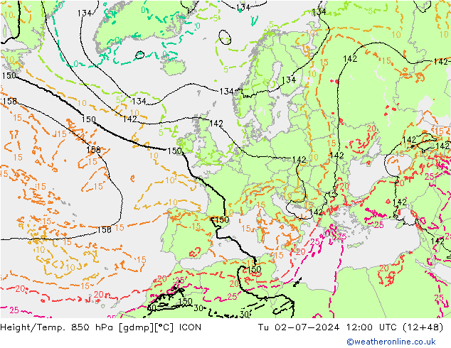 Hoogte/Temp. 850 hPa ICON di 02.07.2024 12 UTC