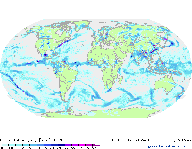 降水量 (6h) ICON 星期一 01.07.2024 12 UTC