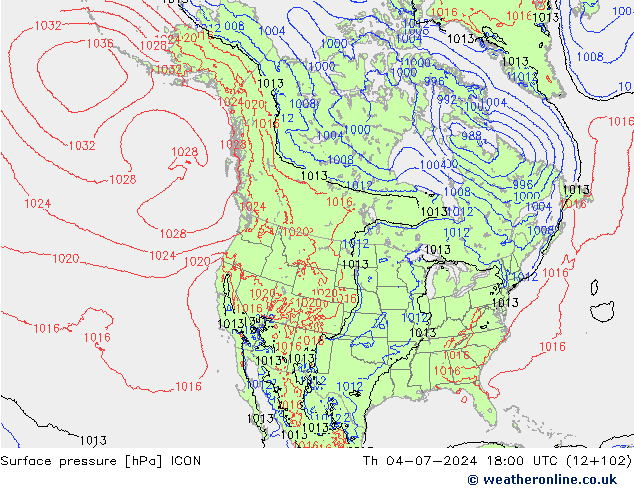 地面气压 ICON 星期四 04.07.2024 18 UTC