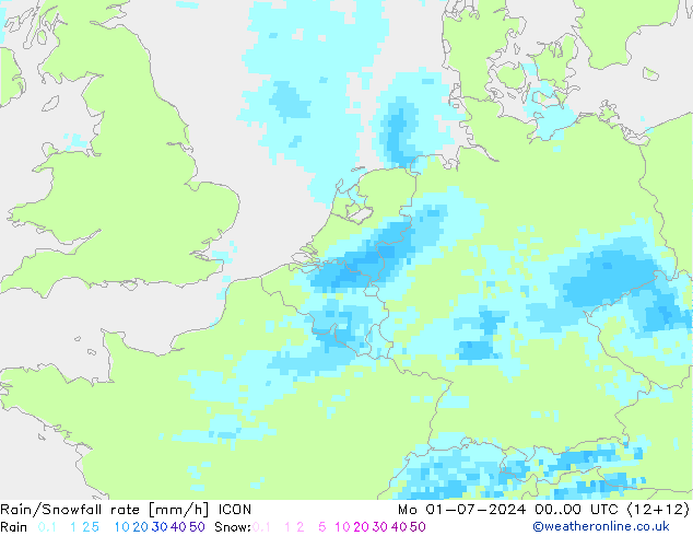 Rain/Snowfall rate ICON 星期一 01.07.2024 00 UTC