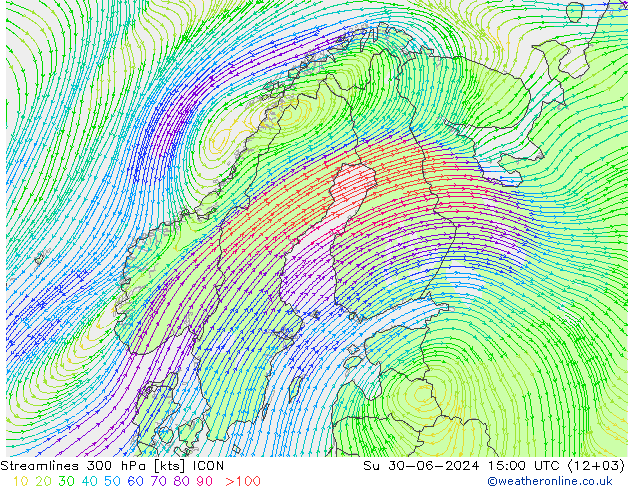 风 300 hPa ICON 星期日 30.06.2024 15 UTC