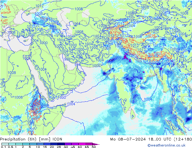 降水量 (6h) ICON 星期一 08.07.2024 00 UTC