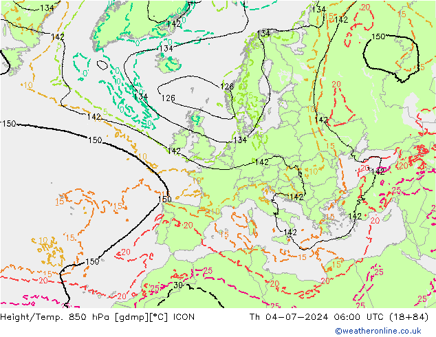 Hoogte/Temp. 850 hPa ICON do 04.07.2024 06 UTC