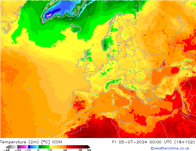 Temperatuurkaart (2m) ICON vr 05.07.2024 00 UTC