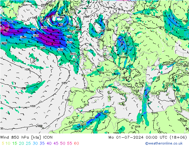 Wind 850 hPa ICON ma 01.07.2024 00 UTC