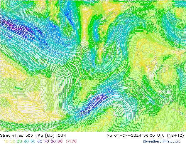 风 500 hPa ICON 星期一 01.07.2024 06 UTC