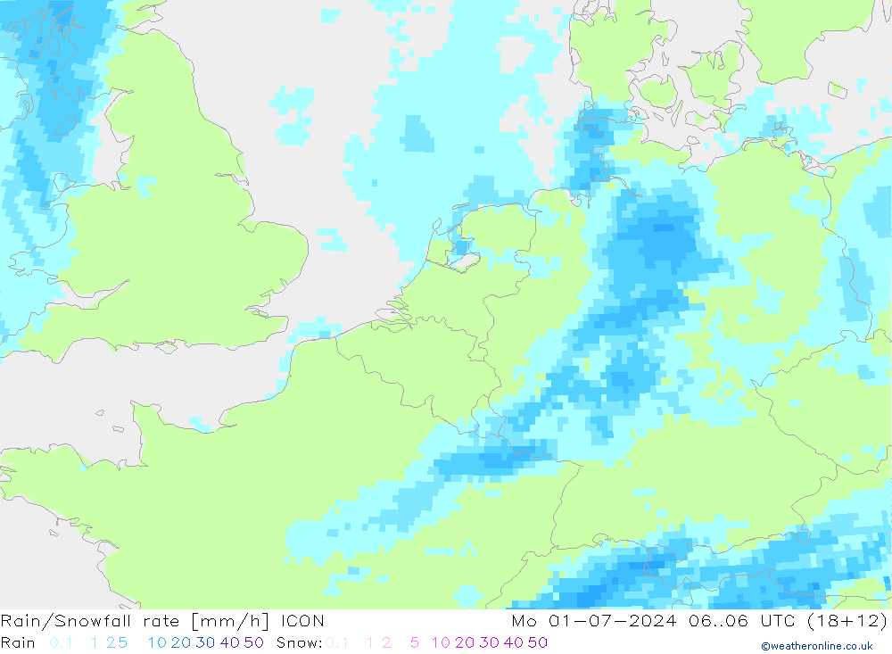 Rain/Snowfall rate ICON 星期一 01.07.2024 06 UTC