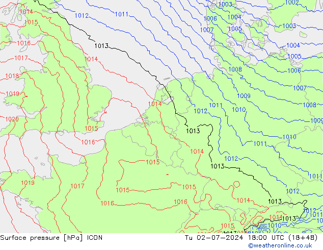 地面气压 ICON 星期二 02.07.2024 18 UTC