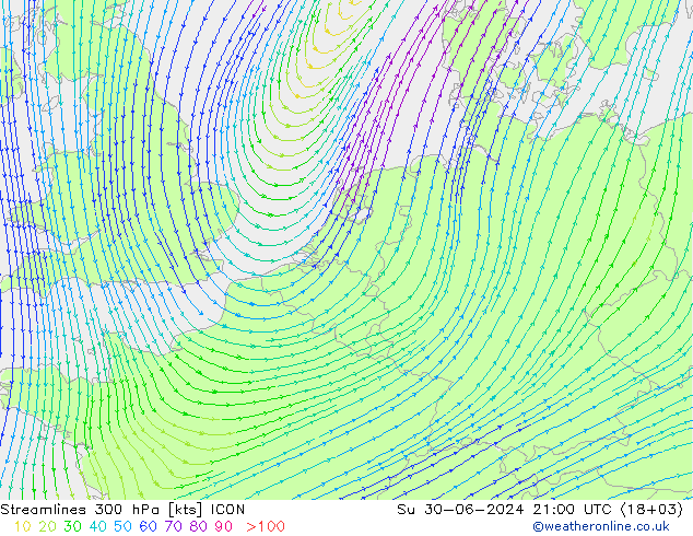 风 300 hPa ICON 星期日 30.06.2024 21 UTC