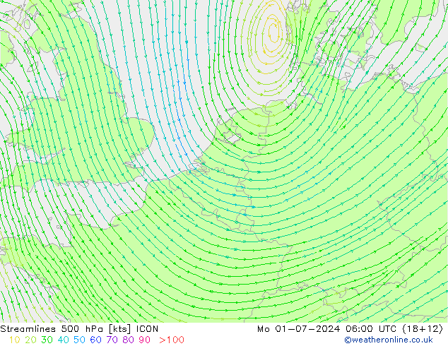 风 500 hPa ICON 星期一 01.07.2024 06 UTC