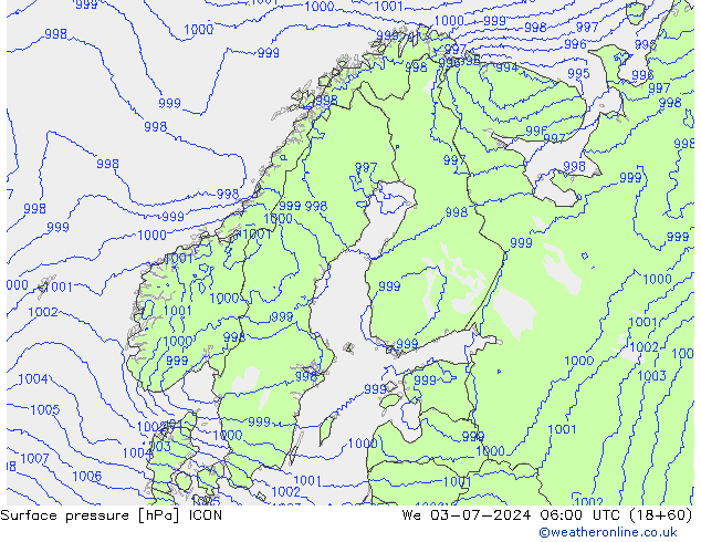 地面气压 ICON 星期三 03.07.2024 06 UTC