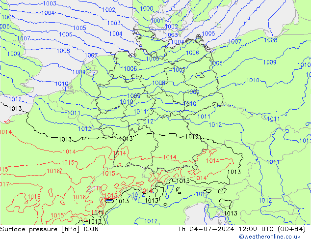 地面气压 ICON 星期四 04.07.2024 12 UTC