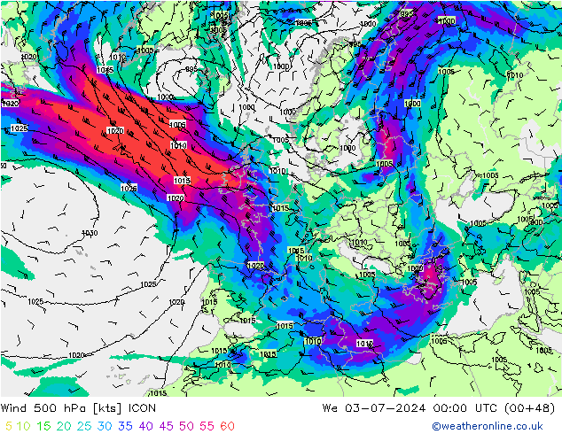 风 500 hPa ICON 星期三 03.07.2024 00 UTC