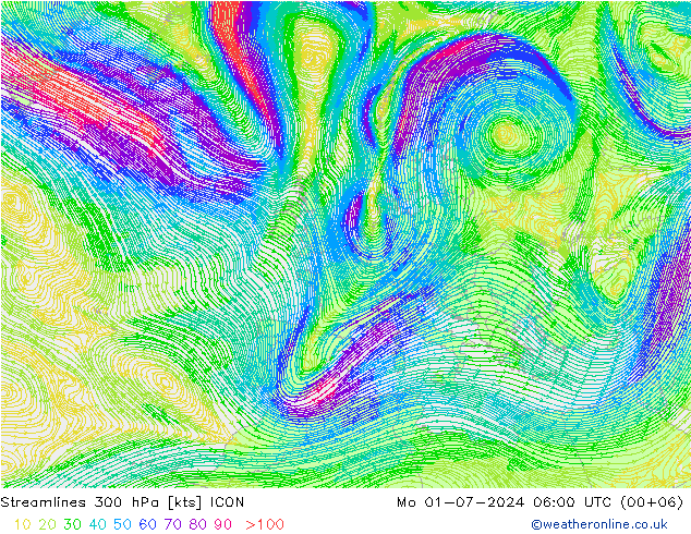 风 300 hPa ICON 星期一 01.07.2024 06 UTC