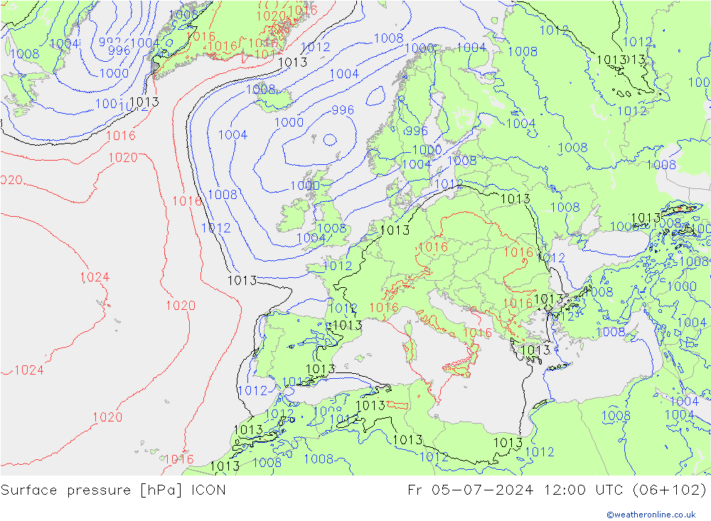 Luchtdruk (Grond) ICON vr 05.07.2024 12 UTC