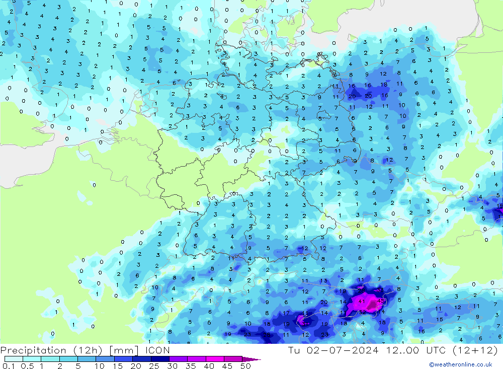 降水量 (12h) ICON 星期二 02.07.2024 00 UTC