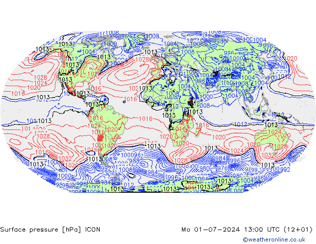 地面气压 ICON 星期一 01.07.2024 13 UTC