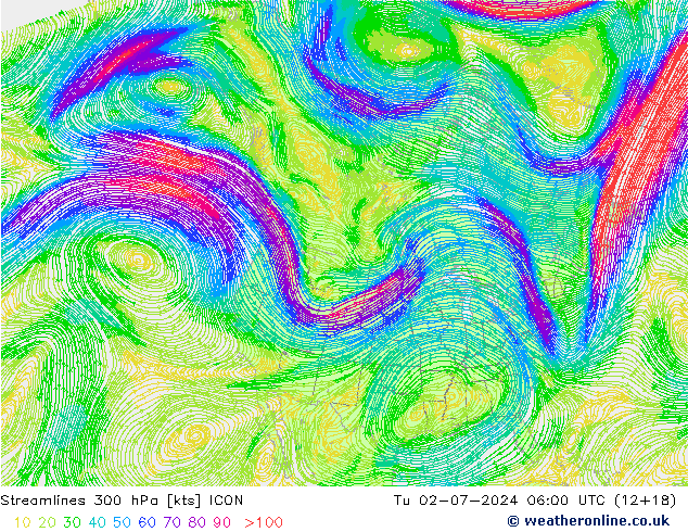 风 300 hPa ICON 星期二 02.07.2024 06 UTC