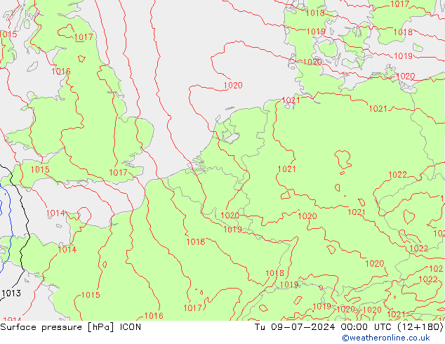 地面气压 ICON 星期二 09.07.2024 00 UTC