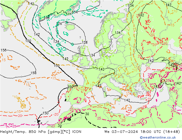 Hoogte/Temp. 850 hPa ICON wo 03.07.2024 18 UTC