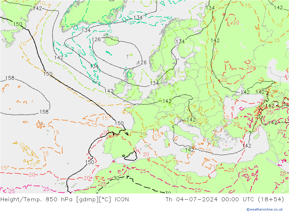 Hoogte/Temp. 850 hPa ICON do 04.07.2024 00 UTC